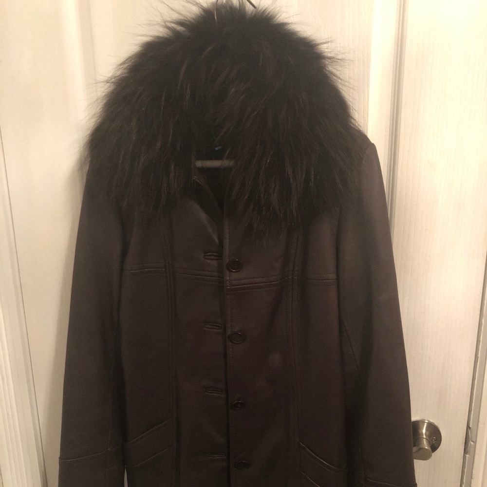 Genuine Leather Purple Coat with Removable Fur Collar